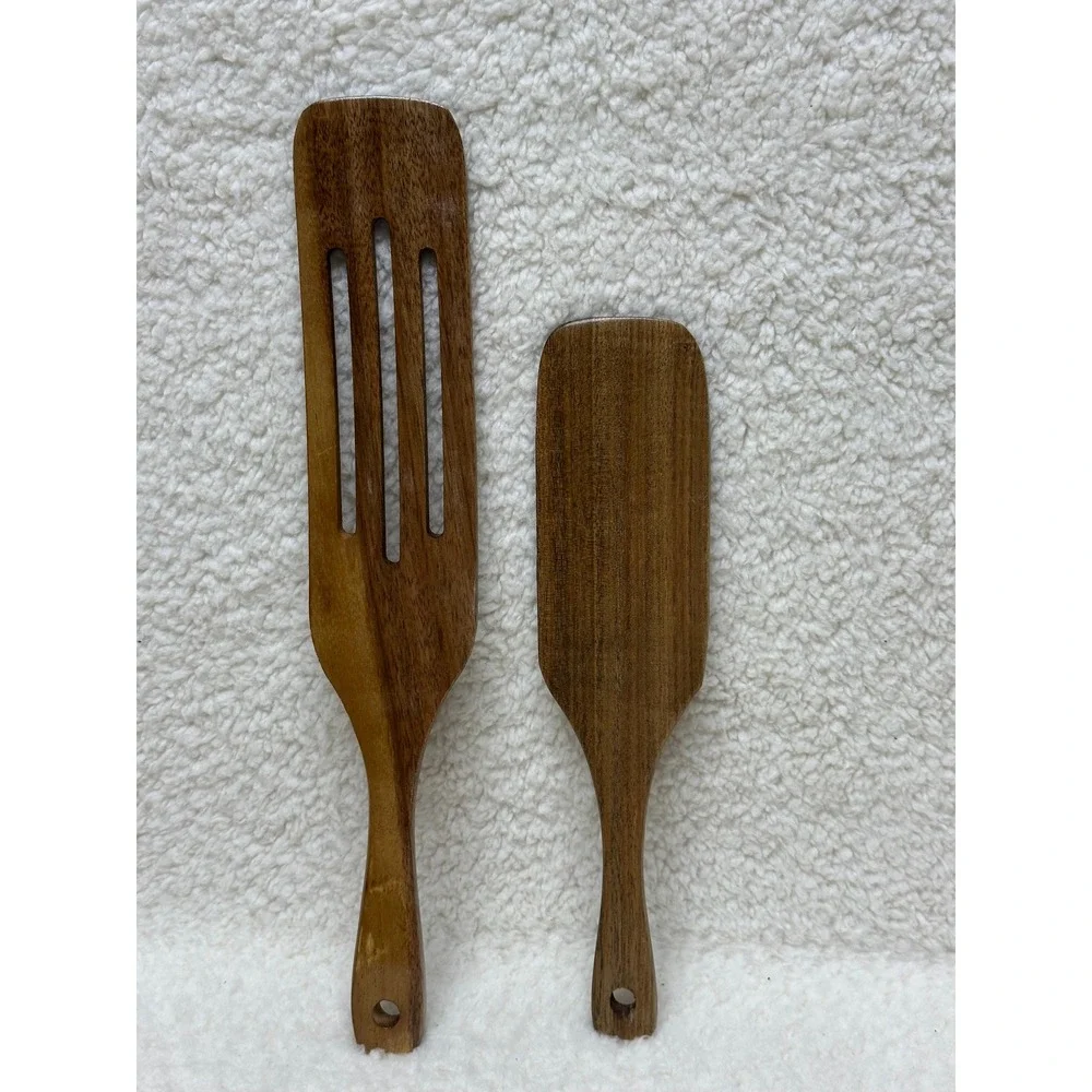 Wooden Utensil Kitchen Set of 2 One Slotted and One Solid Turner Spatulas Brown